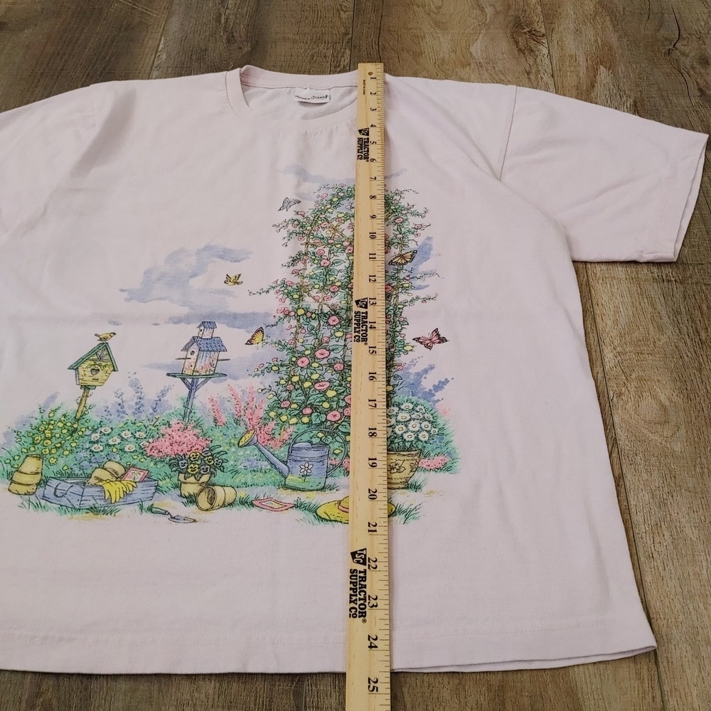 Bobbie Brooks Vintage Garden Graphic T-Shirt Pink Cottagecore Floral Birdhouse L - Picture 5 of 8